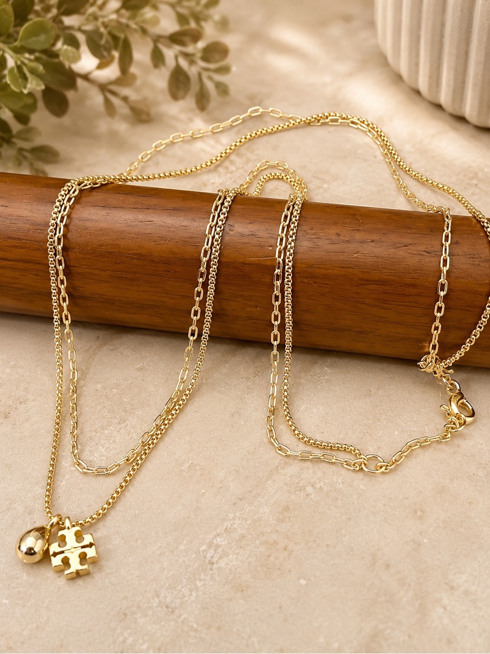 Tory Burch Gold Layered Double T Charm Necklace